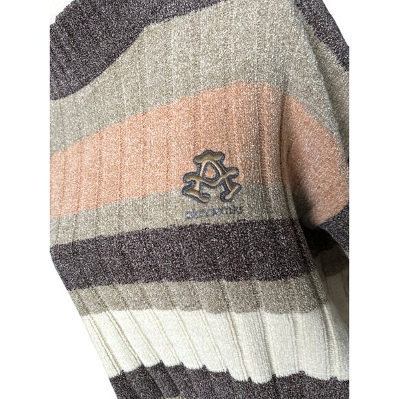 Akademiks Chenille Sweater Striped Brown Cream Mock Neck Acrylic Vintage XXL - Picture 3 of 5